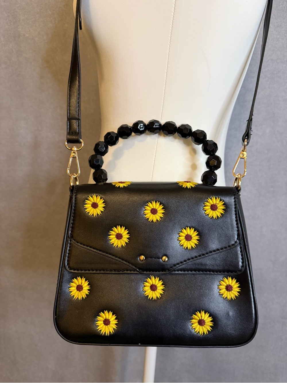 Skinnydip London Sunflower Embroidered Beaded Handle Crossbody Bag Black Floral